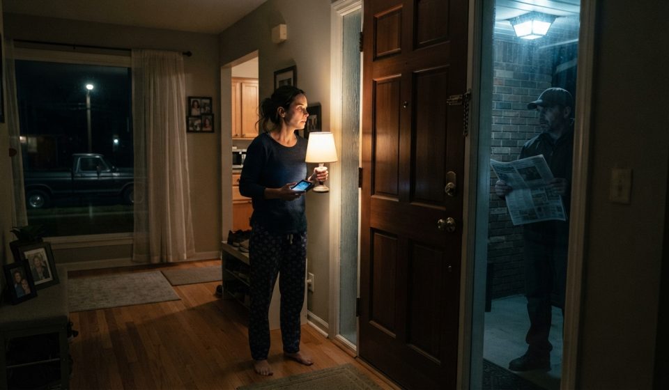 A woman watches a stranger holding a newspaper outside her home after her parents publicly called her a failure and exposed her private information.