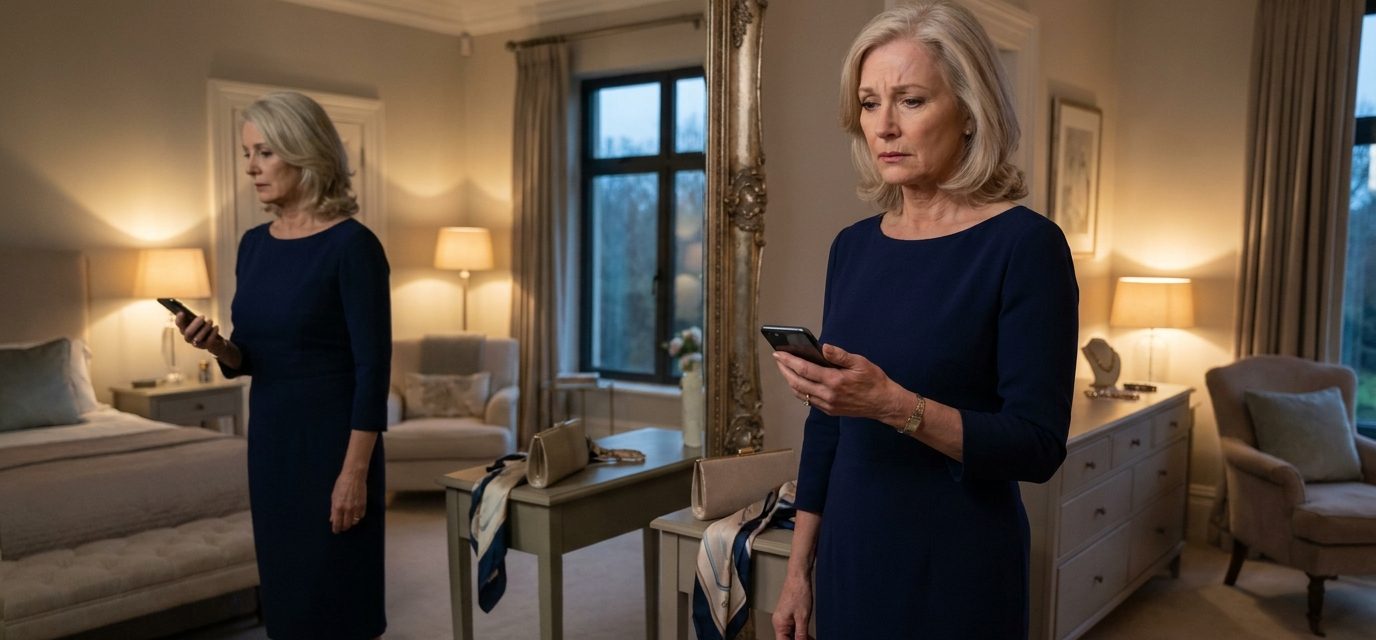 Son uninvited mother from birthday dinner as Evelyn stands in her navy blue dress reading his unexpected message before leaving home.