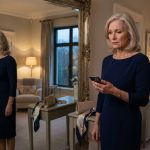 Son uninvited mother from birthday dinner as Evelyn stands in her navy blue dress reading his unexpected message before leaving home.