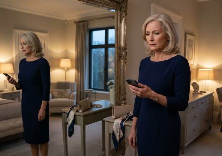 Son uninvited mother from birthday dinner as Evelyn stands in her navy blue dress reading his unexpected message before leaving home.
