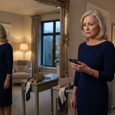 Son uninvited mother from birthday dinner as Evelyn stands in her navy blue dress reading his unexpected message before leaving home.