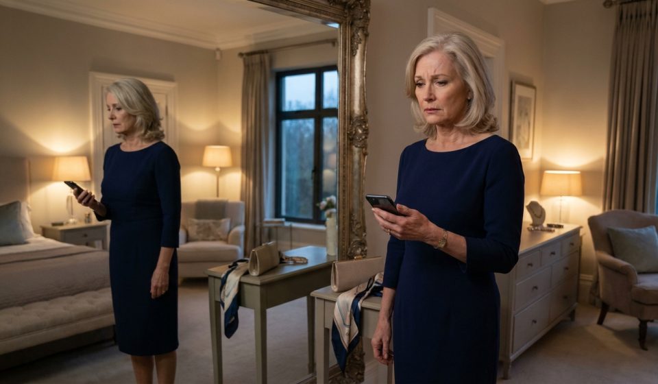 Son uninvited mother from birthday dinner as Evelyn stands in her navy blue dress reading his unexpected message before leaving home.