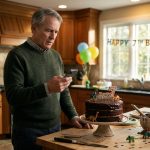Grandfather holding his phone beside a birthday cake after being banned from his grandson's birthday