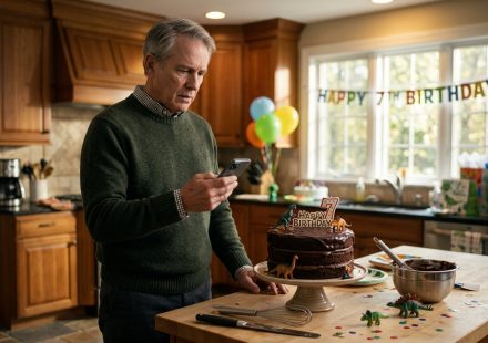 Grandfather holding his phone beside a birthday cake after being banned from his grandson's birthday