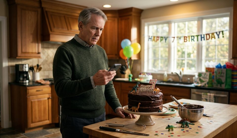 Grandfather holding his phone beside a birthday cake after being banned from his grandson's birthday