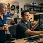 Security technician showing a shocked woman mysterious footage recovered from her backyard camera