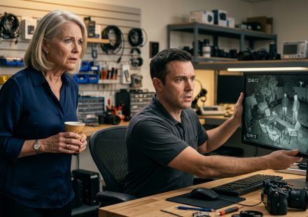 Security technician showing a shocked woman mysterious footage recovered from her backyard camera