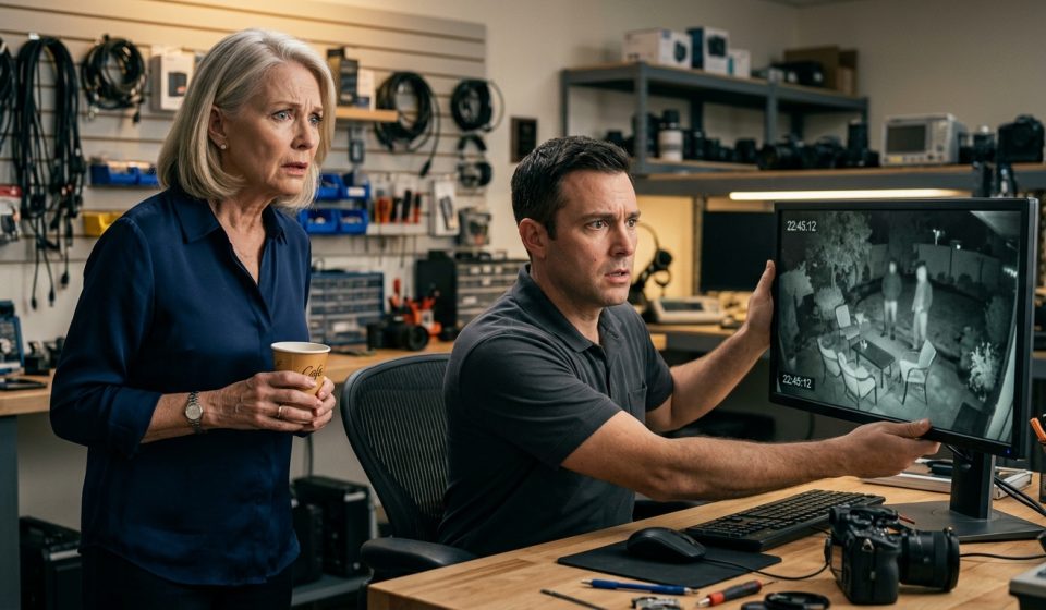 Security technician showing a shocked woman mysterious footage recovered from her backyard camera