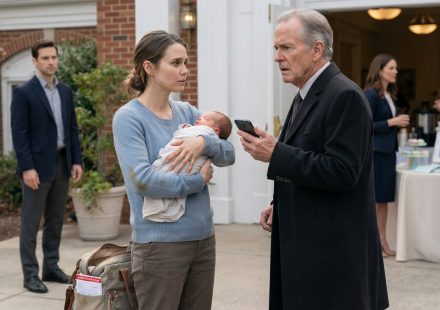 Grandfather confronting a shocking financial mystery as a new mother holds her nine-day-old baby in worn-out clothes outside a church.