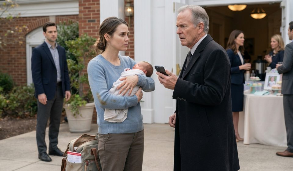 Grandfather confronting a shocking financial mystery as a new mother holds her nine-day-old baby in worn-out clothes outside a church.