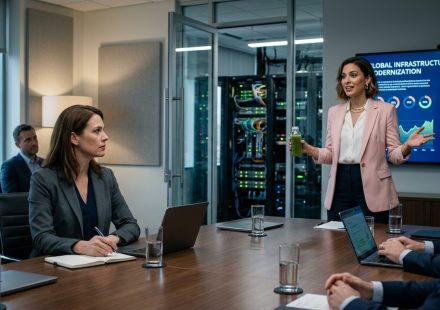 Experienced technology employee watching the CEO's daughter-in-law present plans to replace the company's legacy systems.