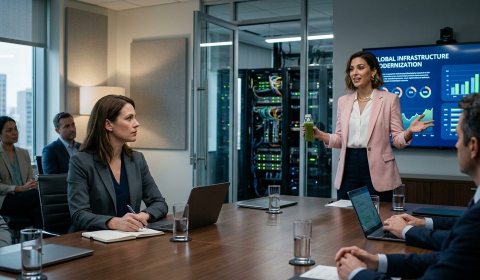 Experienced technology employee watching the CEO's daughter-in-law present plans to replace the company's legacy systems.