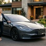 Successful patent attorney beside her new luxury car while her shocked husband realizes she can afford it herself.