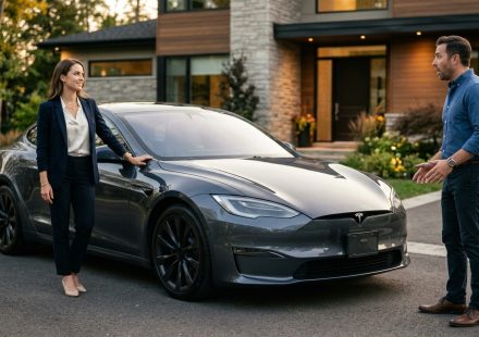 Successful patent attorney beside her new luxury car while her shocked husband realizes she can afford it herself.