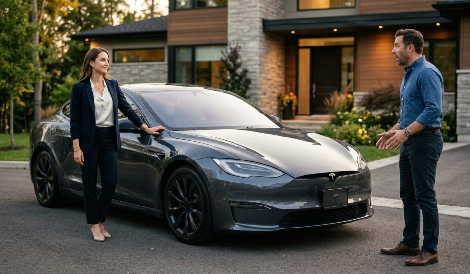 Successful patent attorney beside her new luxury car while her shocked husband realizes she can afford it herself.