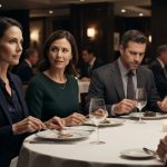 Female engineer at a tense corporate dinner after discovering her manager hid her contract update