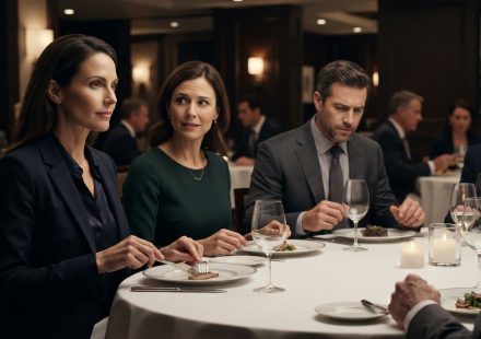 Female engineer at a tense corporate dinner after discovering her manager hid her contract update