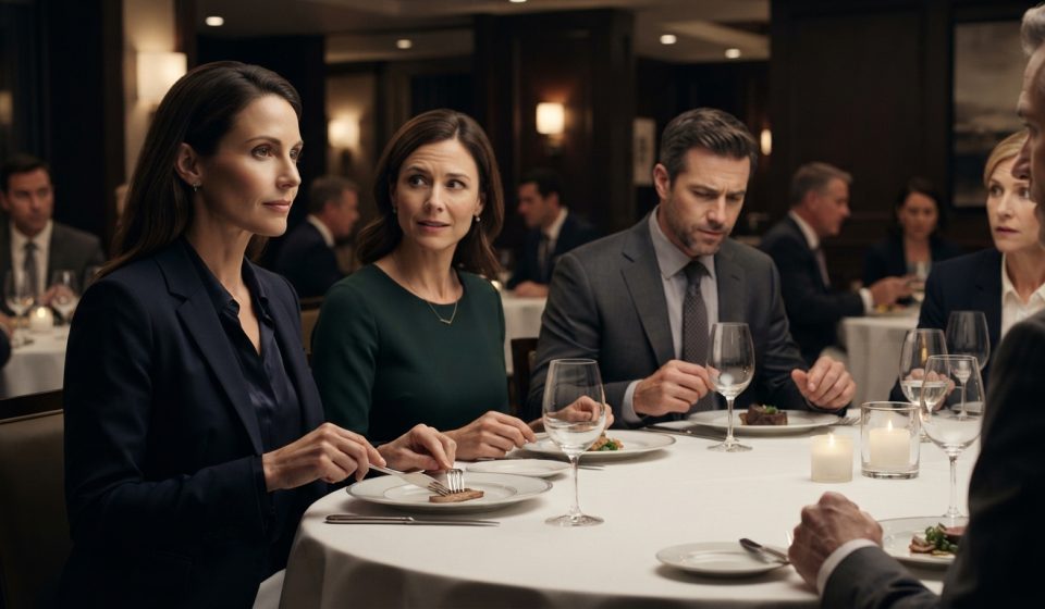 Female engineer at a tense corporate dinner after discovering her manager hid her contract update