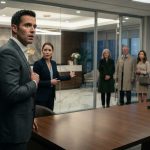 Successful man staring in disbelief as estranged family members unexpectedly appear at his workplace after years apart.
