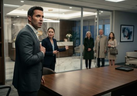 Successful man staring in disbelief as estranged family members unexpectedly appear at his workplace after years apart.