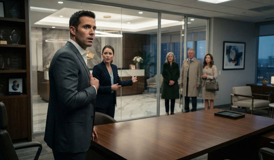 Successful man staring in disbelief as estranged family members unexpectedly appear at his workplace after years apart.