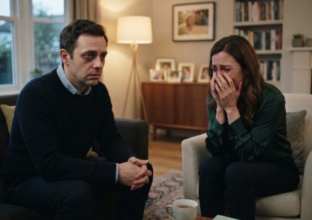A seriously ill husband preparing to tell his wife about his terminal cancer diagnosis as she unexpectedly breaks down during their conversation.