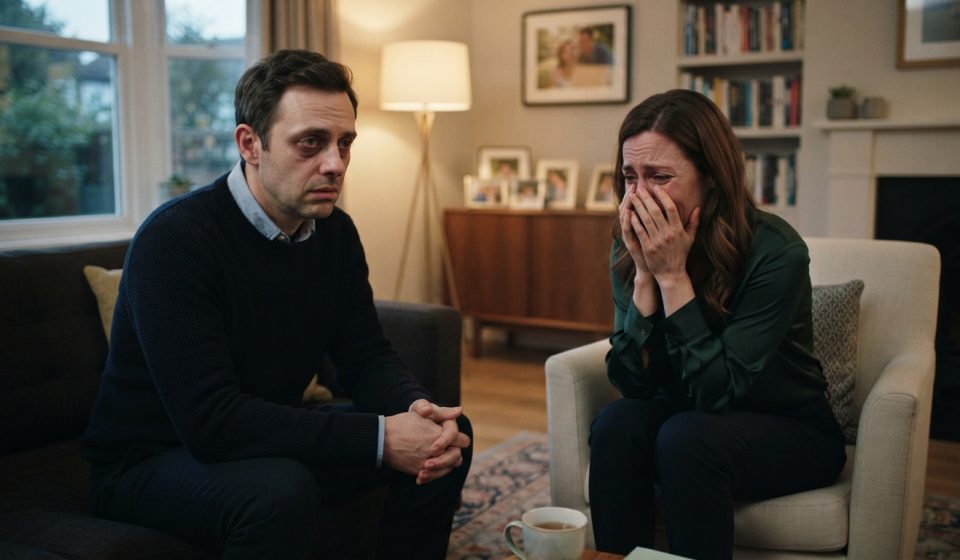 A seriously ill husband preparing to tell his wife about his terminal cancer diagnosis as she unexpectedly breaks down during their conversation.