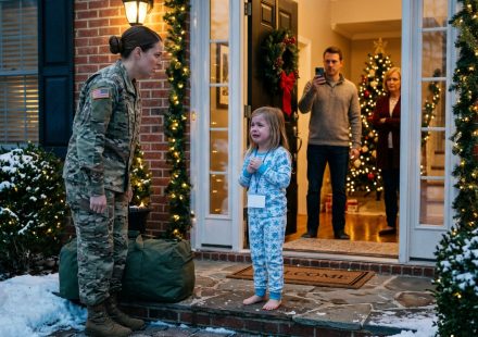 Mother returned home from military deployment and finds her frightened young daughter waiting at the front door.