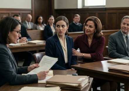 A 29-year-old woman at a probate hearing after her grandmother left her entire estate, while her parents sit beside her.