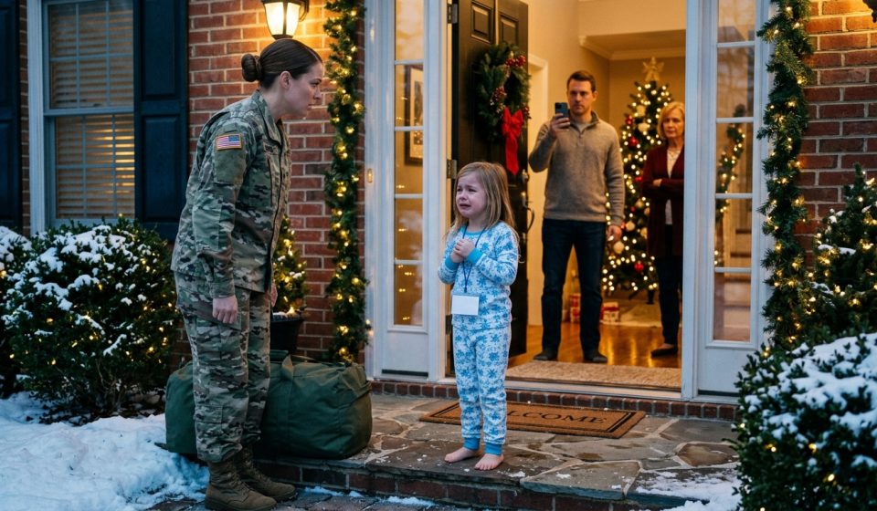 Mother returned home from military deployment and finds her frightened young daughter waiting at the front door.