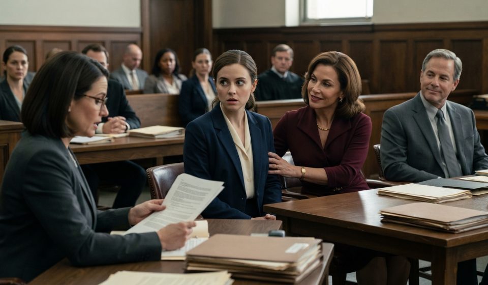 A 29-year-old woman at a probate hearing after her grandmother left her entire estate, while her parents sit beside her.
