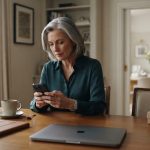 Mature mother sitting with coffee and looking at her phone after being excluded from a Mother's Day family celebration.