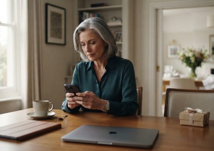 Mature mother sitting with coffee and looking at her phone after being excluded from a Mother's Day family celebration.