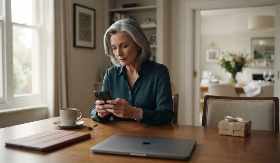Mature mother sitting with coffee and looking at her phone after being excluded from a Mother's Day family celebration.