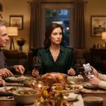 Sharon reacts with a controlled smile as her younger sister announces her plans to move into Sharon's apartment during Thanksgiving dinner.