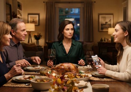 Sharon reacts with a controlled smile as her younger sister announces her plans to move into Sharon's apartment during Thanksgiving dinner.
