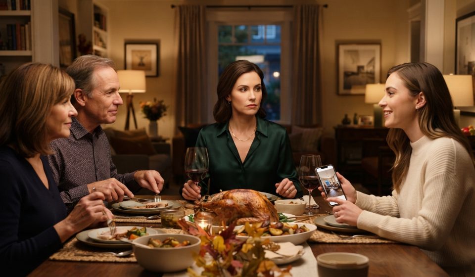 Sharon reacts with a controlled smile as her younger sister announces her plans to move into Sharon's apartment during Thanksgiving dinner.