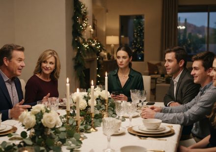 Ren quietly checks her phone during Christmas dinner after her father dismisses her offer to help with the family construction project.