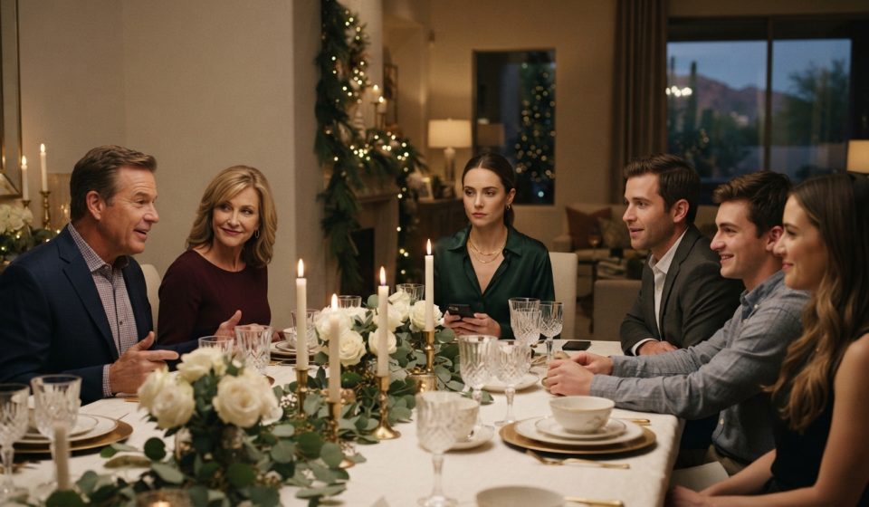 Ren quietly checks her phone during Christmas dinner after her father dismisses her offer to help with the family construction project.