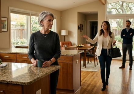 Daughter moving into my house while confidently discussing bedroom plans as her mother stands firmly in her newly renovated kitchen.