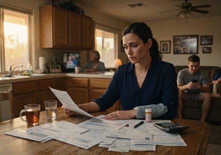 Sick young woman facing intense pressure from her parents and younger brother over her medical savings at the family kitchen table.