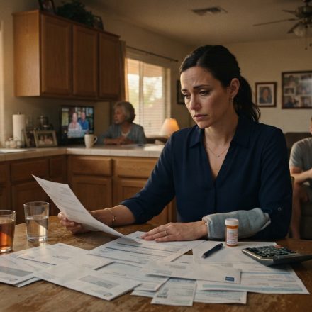 Sick young woman facing intense pressure from her parents and younger brother over her medical savings at the family kitchen table.