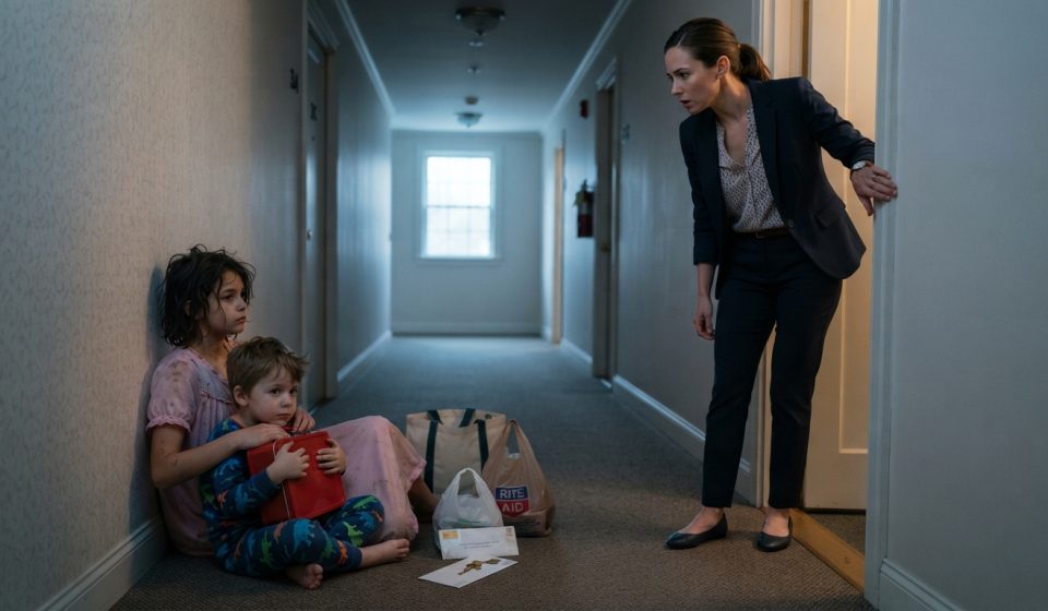 A woman discovers her sister's two children sitting outside her apartment with bags, a red lunchbox, and a mysterious brass key.