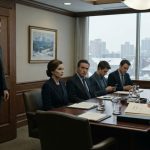 A 32-year-old man standing apart from his estranged family in a law office before the reading of his grandfather's will.