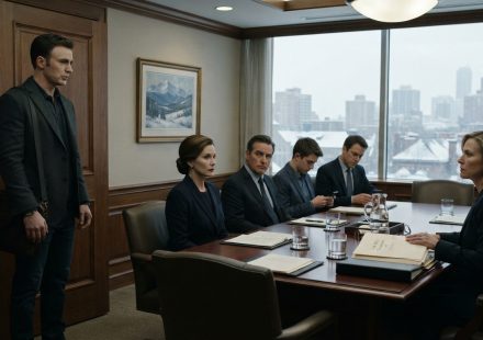 A 32-year-old man standing apart from his estranged family in a law office before the reading of his grandfather's will.