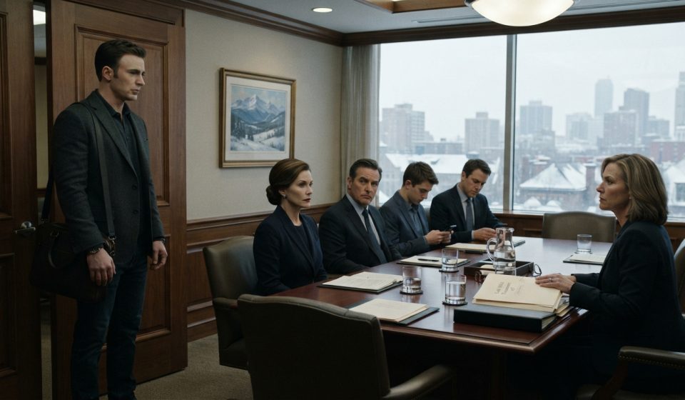 A 32-year-old man standing apart from his estranged family in a law office before the reading of his grandfather's will.
