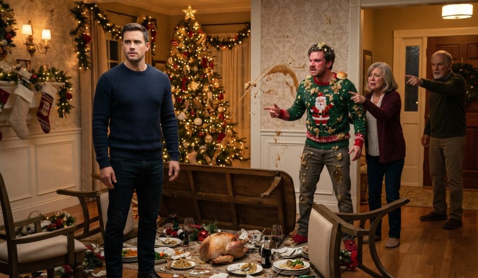 Oscar watching in disbelief after his brother flipped the Christmas dinner table, leaving turkey on the floor and gravy across the wall.