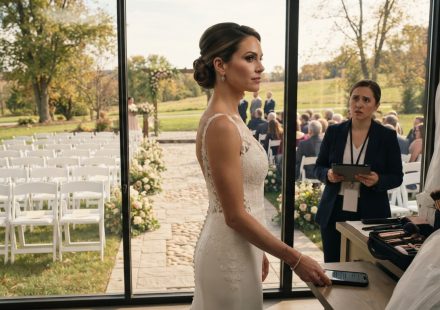 Bride calmly preparing beside a window overlooking 54 empty chairs at my wedding while the groom's guests gather on the opposite side.