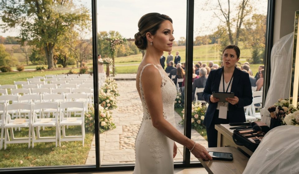 Bride calmly preparing beside a window overlooking 54 empty chairs at my wedding while the groom's guests gather on the opposite side.
