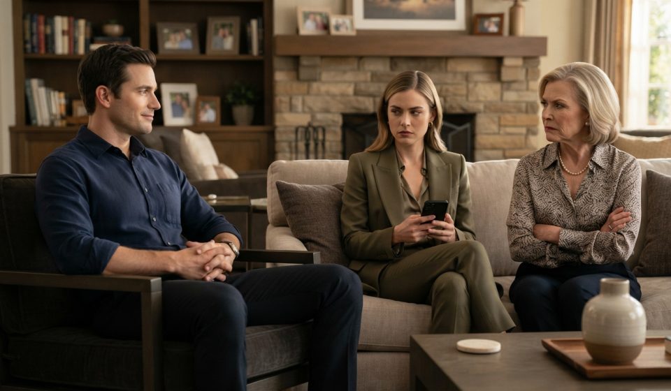 Nathan calmly faces his mother and successful sister during a tense family conversation about favoritism and financial responsibility.